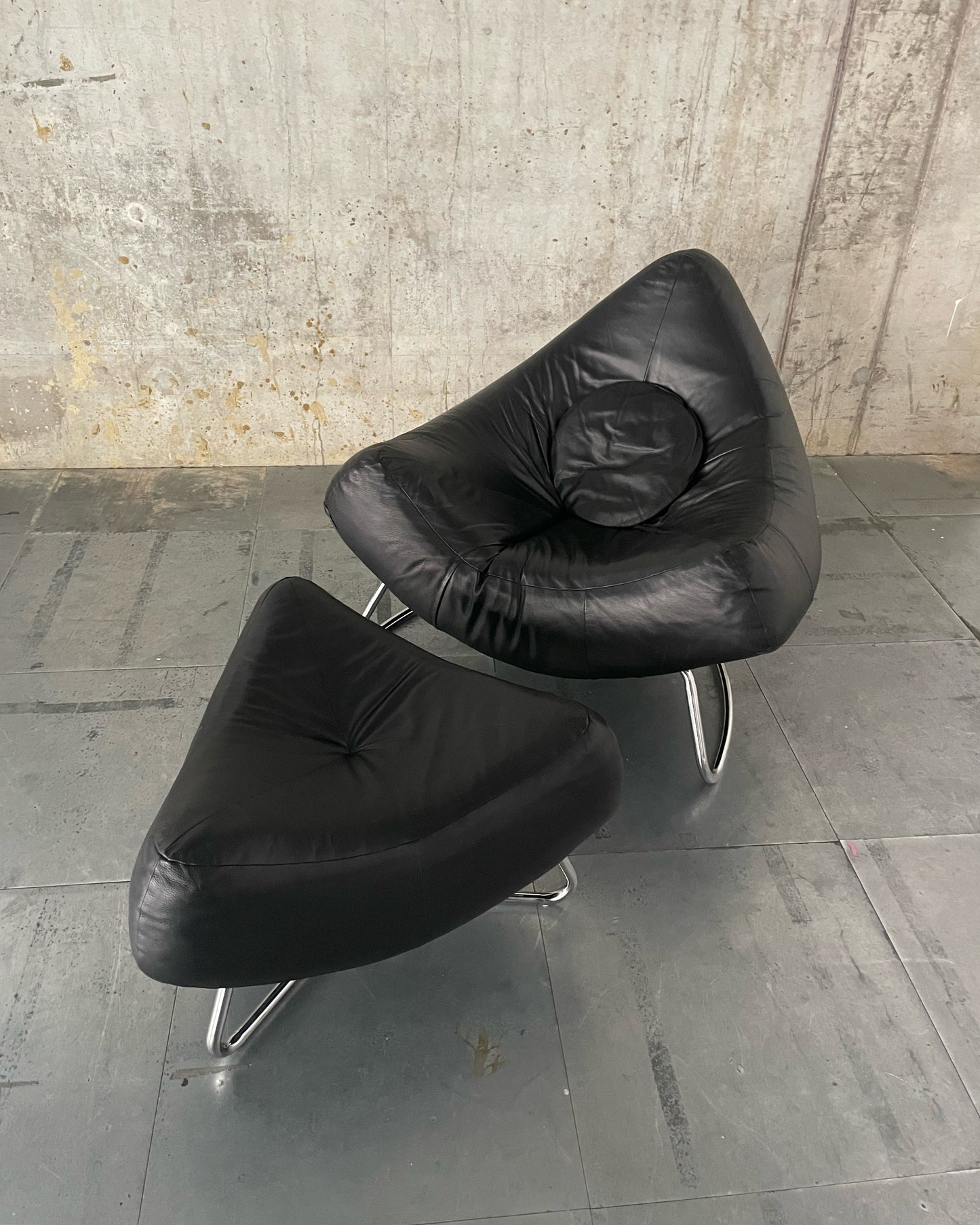 ‘Chilli’ lounge chair & footstool in black leather & chrome by Paul Falkenberg for ROM, 1970’s