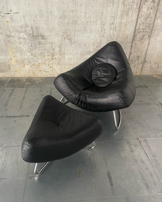‘Chilli’ lounge chair & footstool in black leather & chrome by Paul Falkenberg for ROM, 1970’s