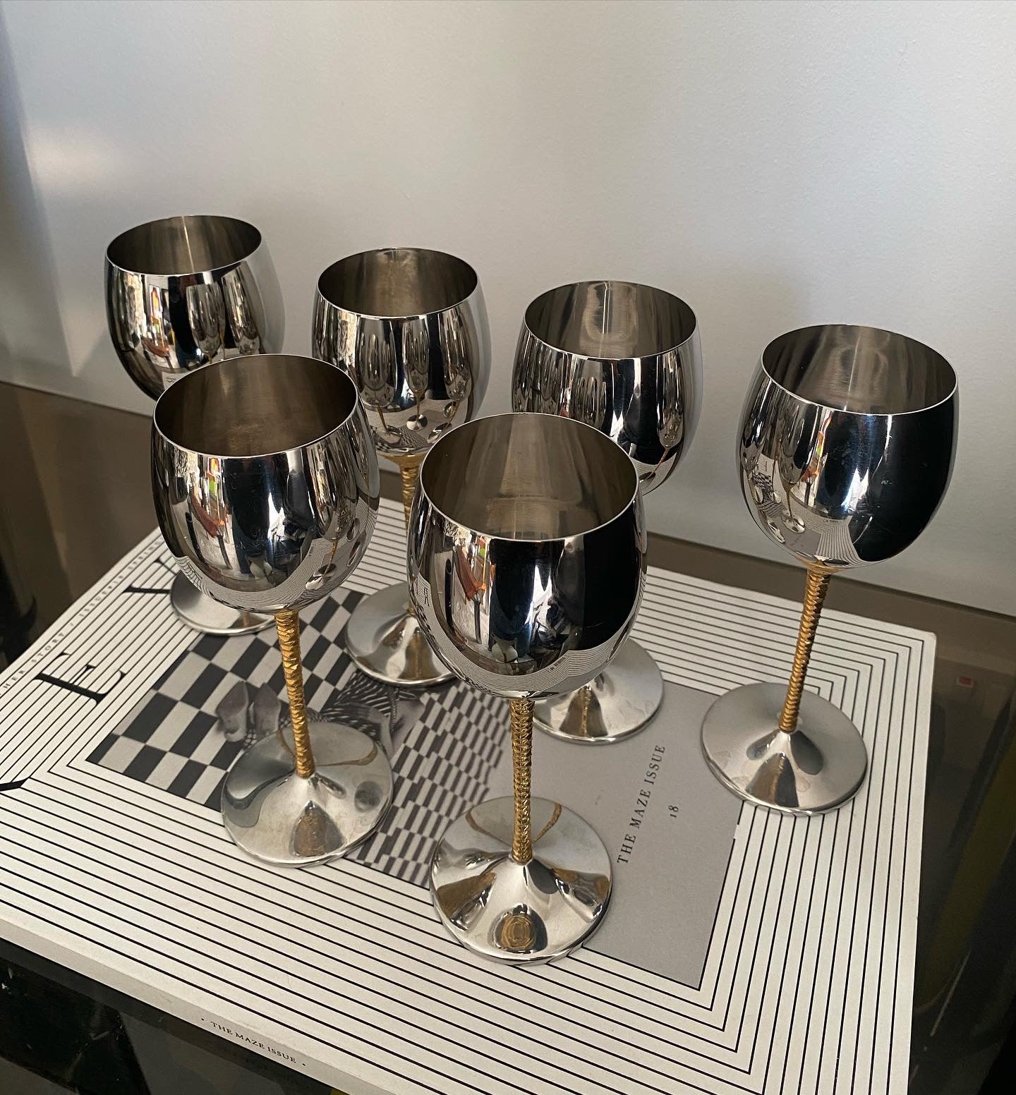 STUART DEVLIN for Viners Stainless steel & goldtone goblets x 6