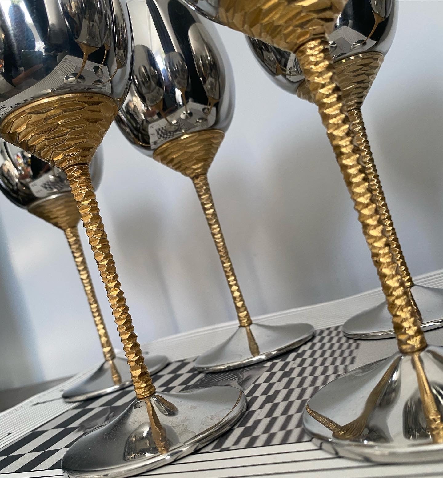 STUART DEVLIN for Viners Stainless steel & goldtone goblets x 6