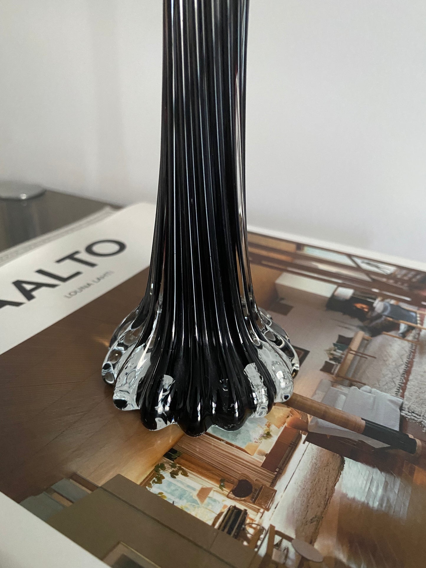MID CENTURY Black Twist Art Glass Vase