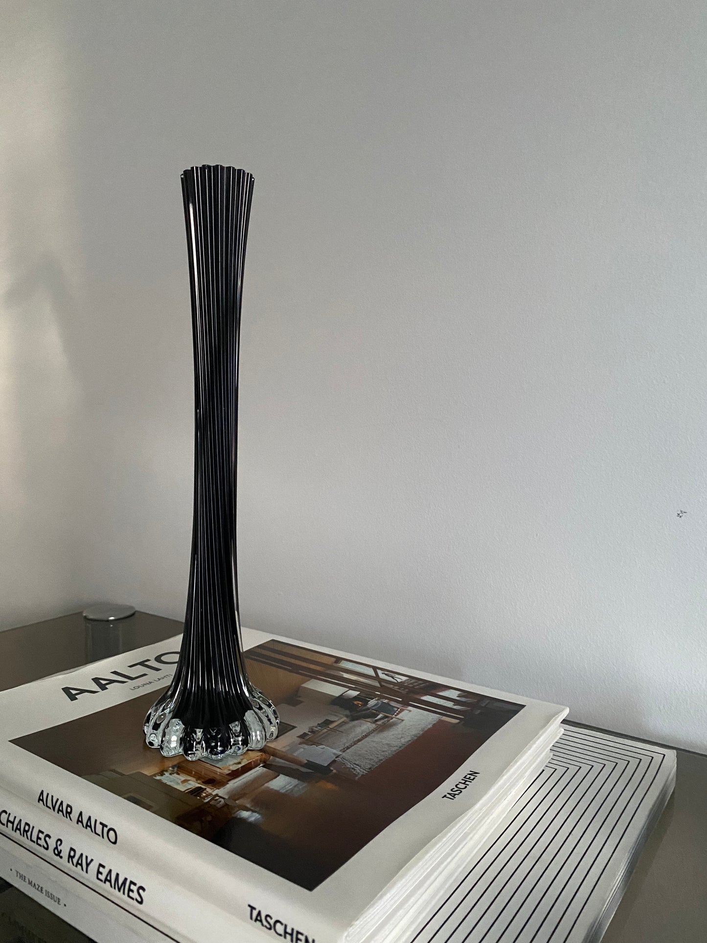 MID CENTURY Black Twist Art Glass Vase