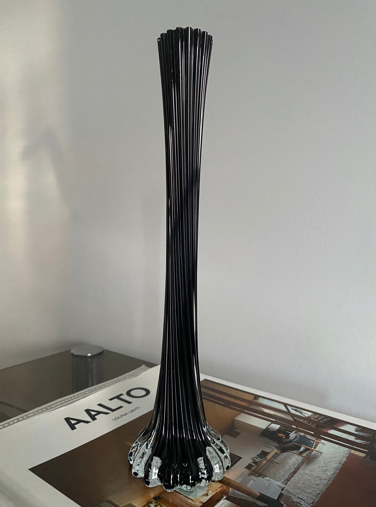 MID CENTURY Black Twist Art Glass Vase