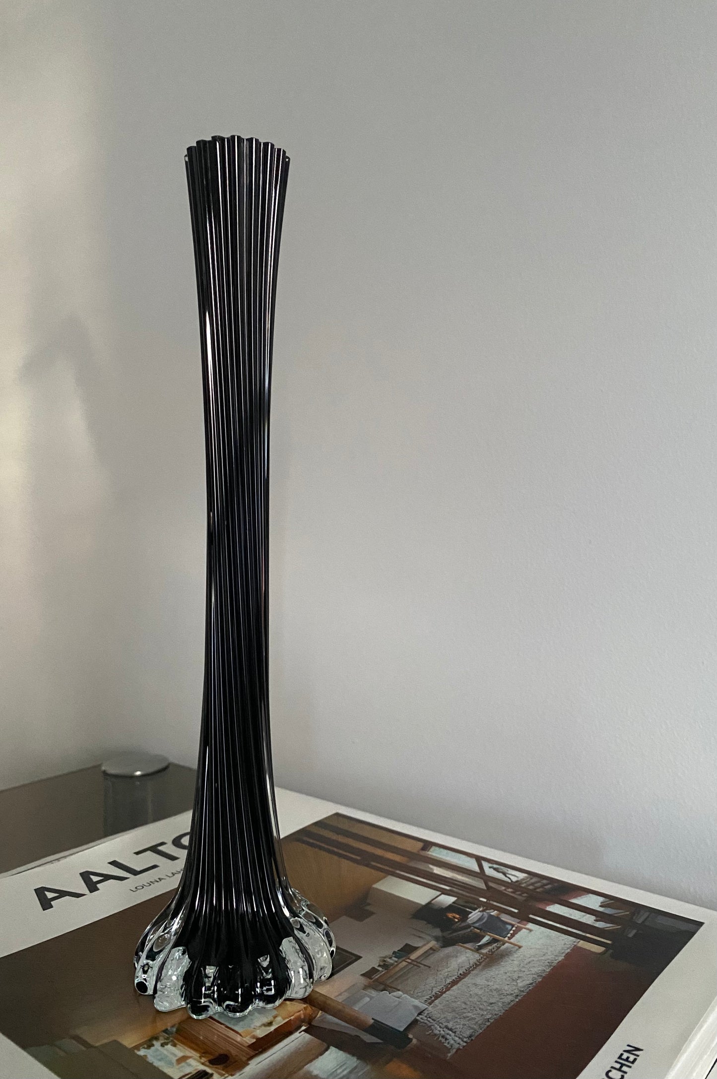 MID CENTURY Black Twist Art Glass Vase